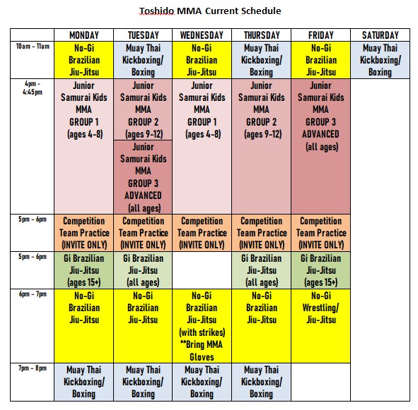 Toshido Mixed Martial Arts Class Schedule