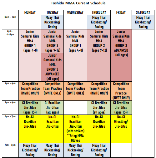 Toshido Mixed Martial Arts Class Schedule